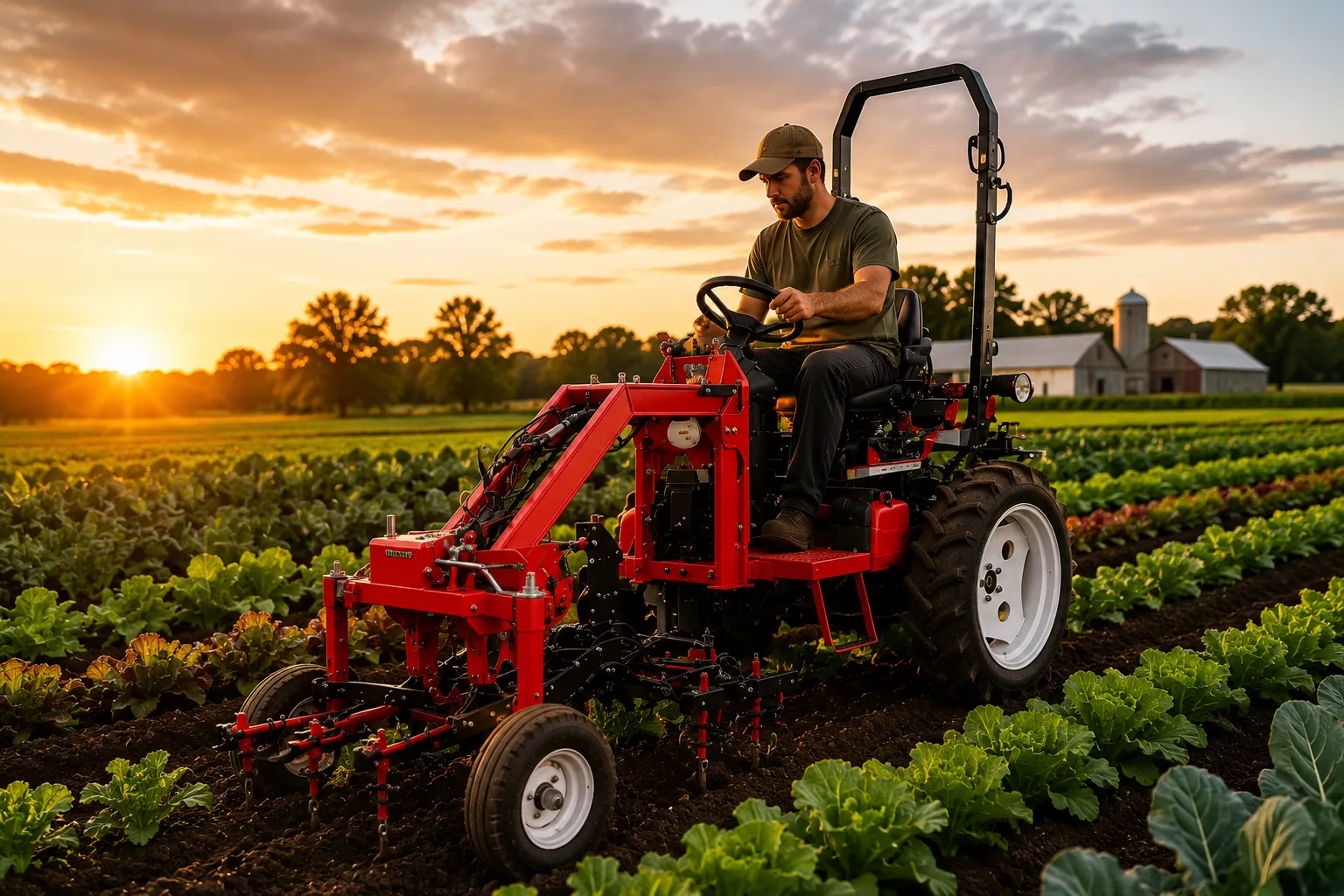 The Little Red Tractor cultivating a market garden at golden hour
